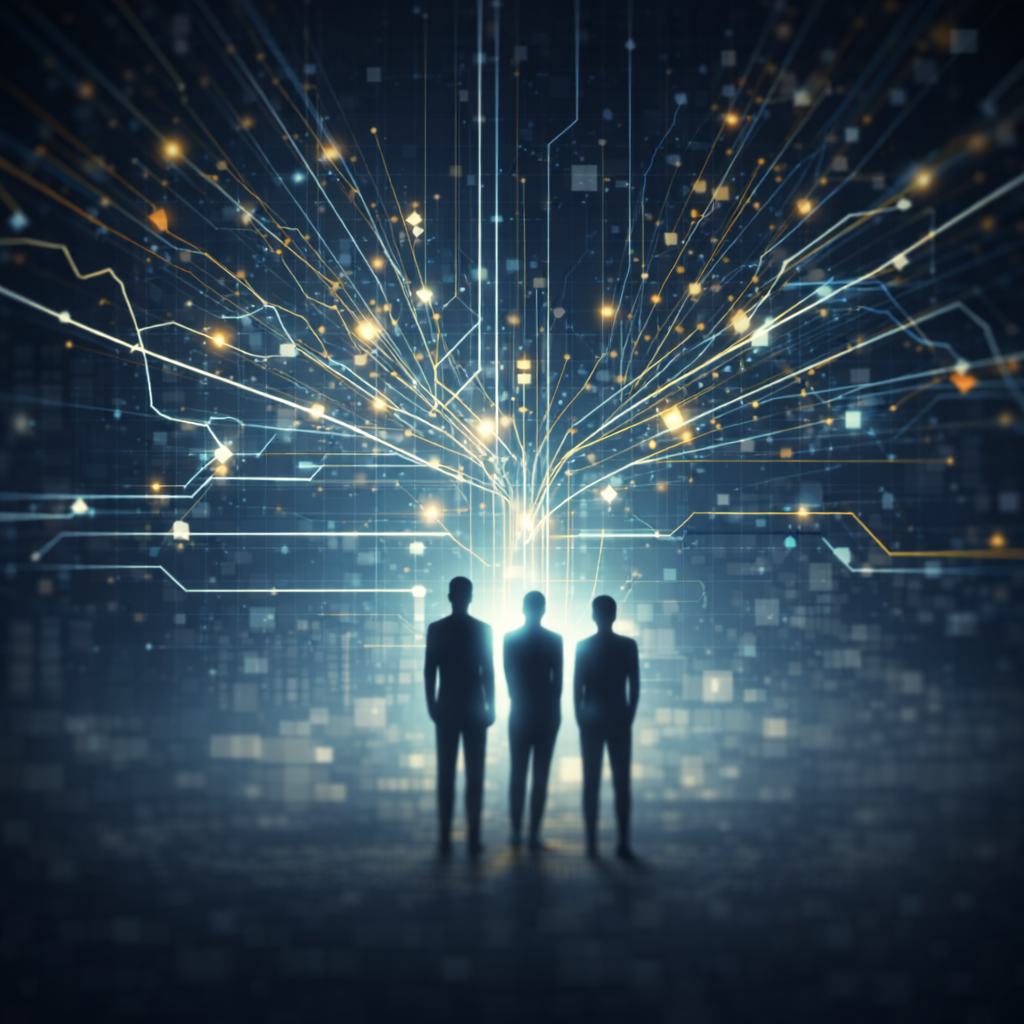 Silhouettes de trois personnes debout devant un fond numérique avec des lignes et des points lumineux représentant une technologie avancée ou un réseau informatique.