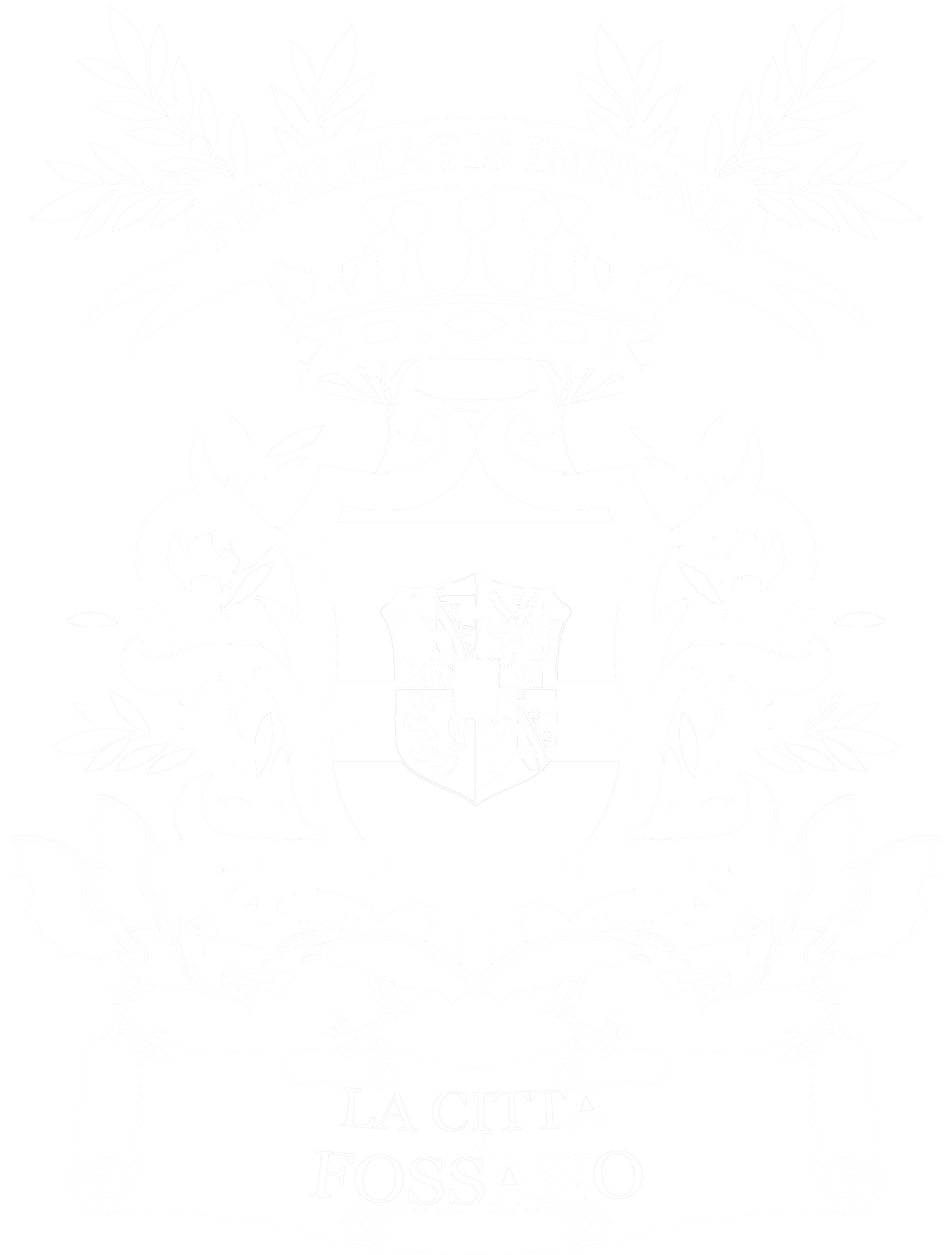 Black-and-white emblem featuring a crown, laurel branches, a shield with a coat of arms, and a scroll with the text 'La Citta Di Fossano', with the Latin phrase 'Fidelitatis Insignia' on a banner above the crown.