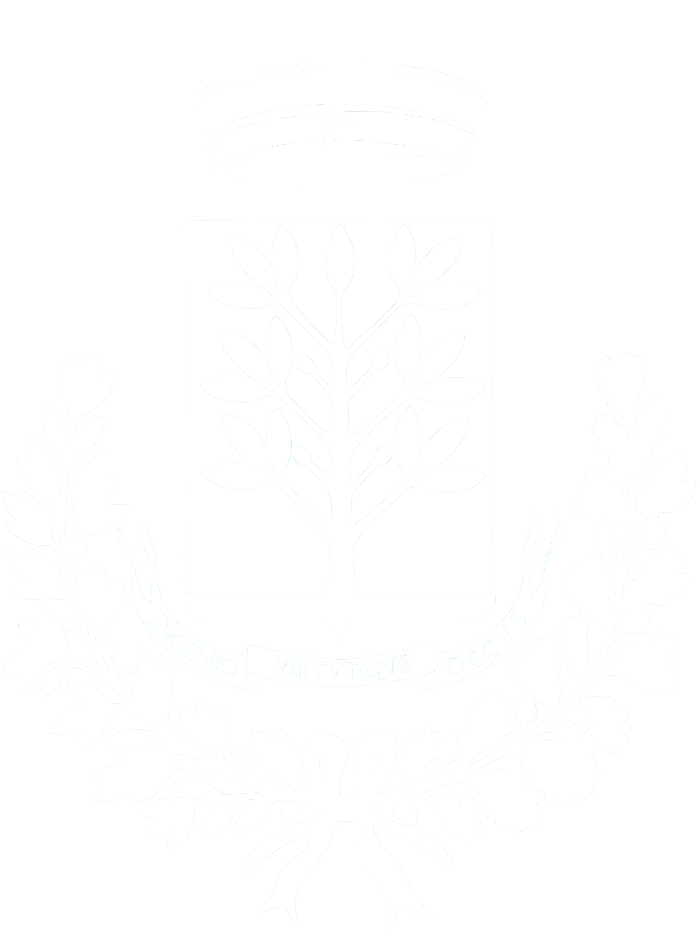 White emblem with a shield featuring a tree with leaves and fruit, surrounded by laurel and oak branches, and a crown above the shield. A banner below the shield displays Latin text.