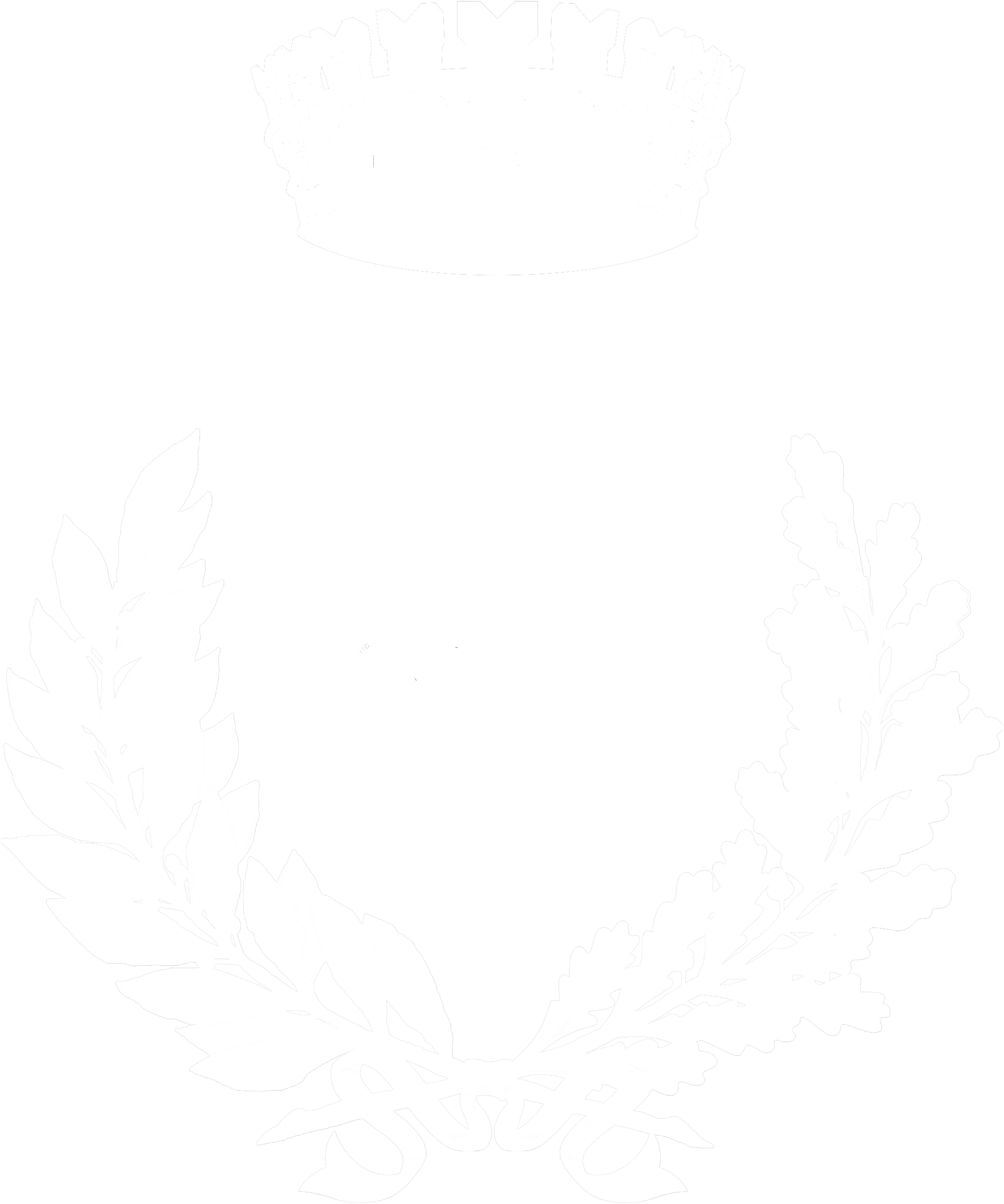 Black background with a white coat of arms featuring a shield with a cross, a lion, and ladder symbols, topped by a crown, and surrounded by laurel branches.