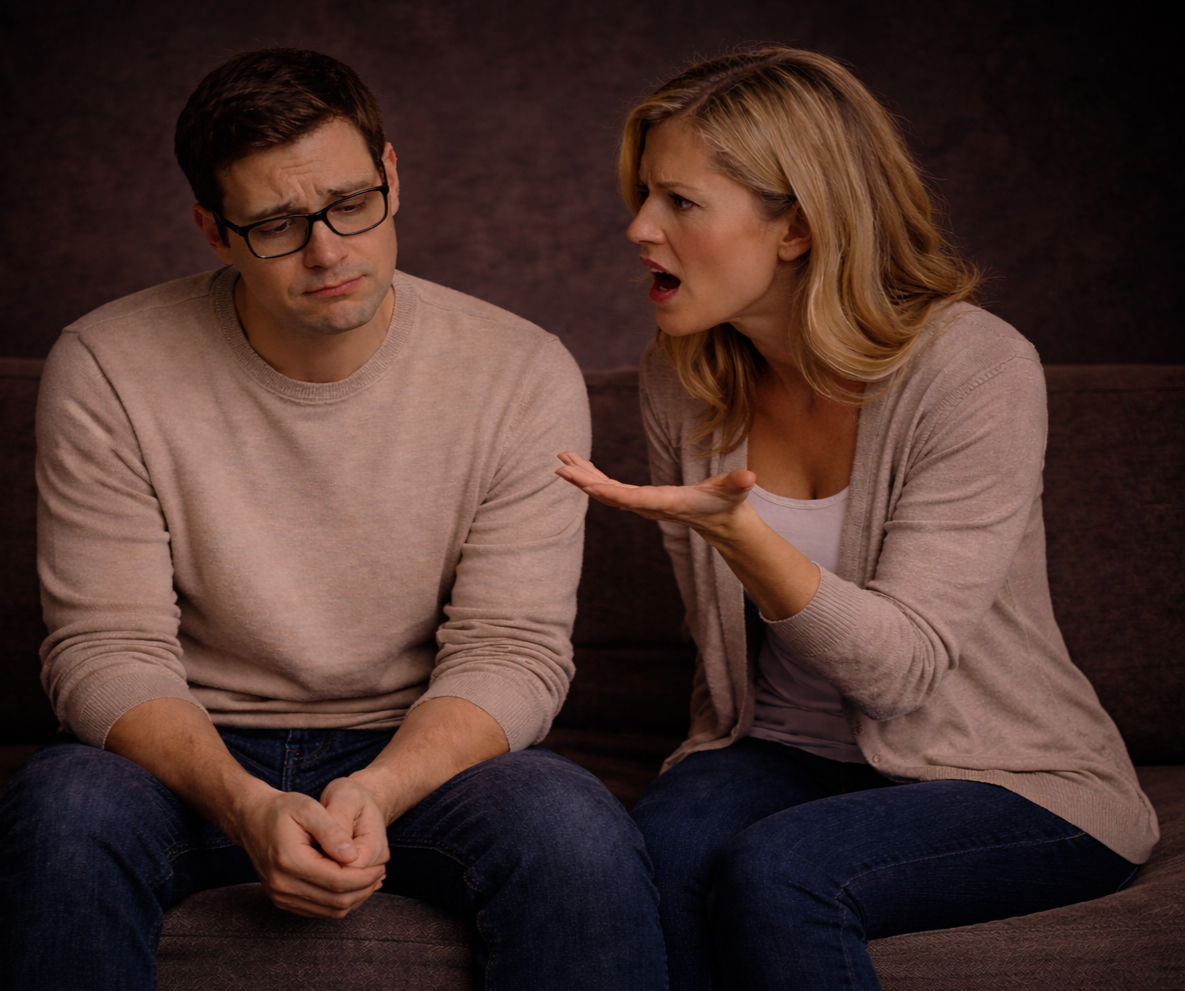 Ein Mann und eine Frau sitzen auf einer Couch, die Frau streitet und zeigt mit der Hand auf den Mann, der traurig und nachdenklich aussieht.