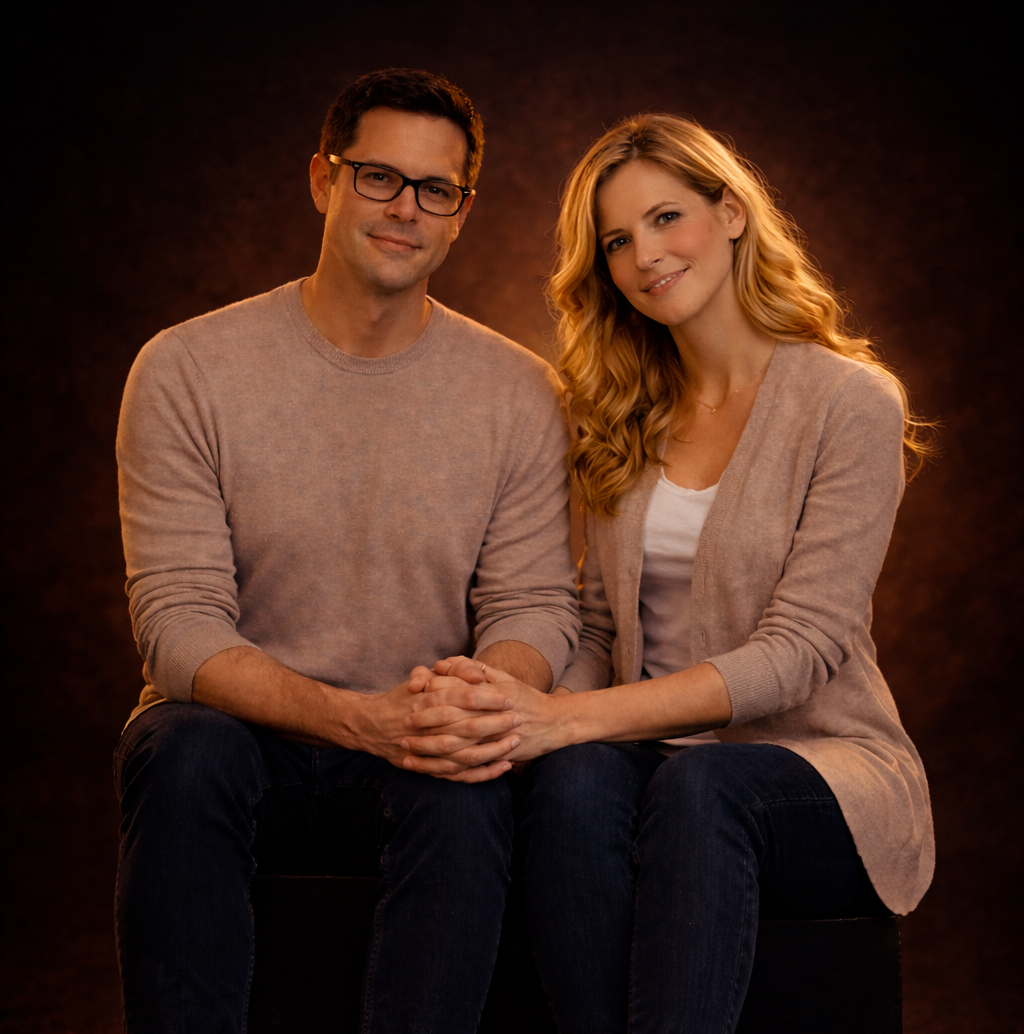 Ein Mann und eine Frau sitzen nebeneinander, halten sich an den Händen und lächeln. Der Hintergrund ist dunkel und warm beleuchtet.