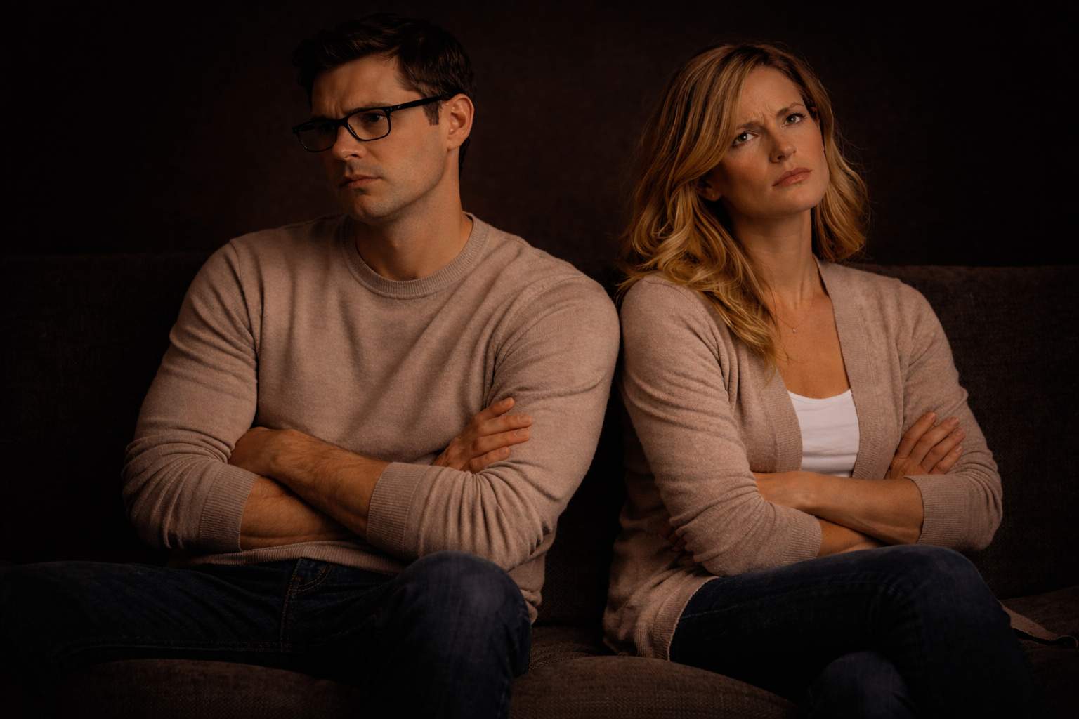 Ein Mann und eine Frau sitzen nebeneinander auf einem Sofa, beide mit verschränkten Armen, schauen ernst und nachdenklich, dunkler Hintergrund.