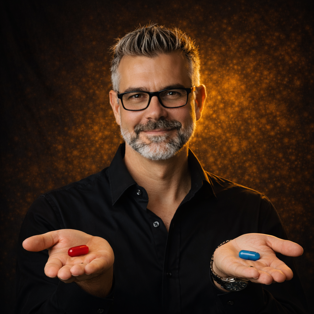 Ein Mann mit Brille, grauem Bart und schwarzen Hemd hält in beiden Händen rote und blaue Kapseln. Im Hintergrund leuchtende, goldene Partikeln auf dunklem Hintergrund.