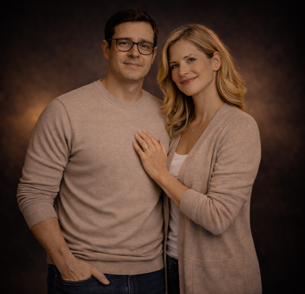 Ein Mann und eine Frau, die nebeneinander vor einem dunklen Hintergrund stehen. Der Mann trägt eine beigefarbene Pullover und trägt eine Brille, während die Frau eine beige Jacke und ein weißes Shirt trägt. Beide lächeln leicht.