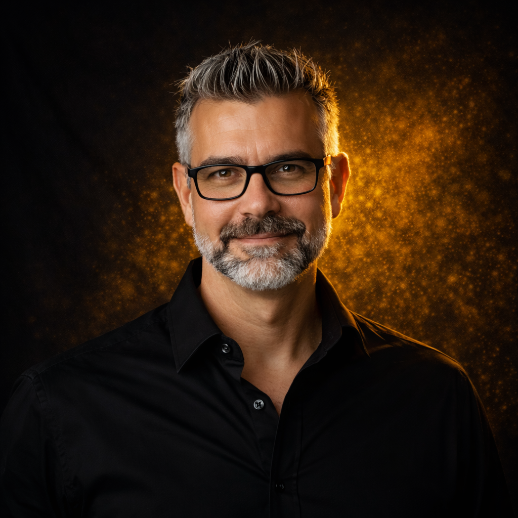 Ein Mann mit grauem Bart und schwarzen Brillen, trägt ein schwarzes Hemd, im Hintergrund ein goldener leuchtender Effekt.