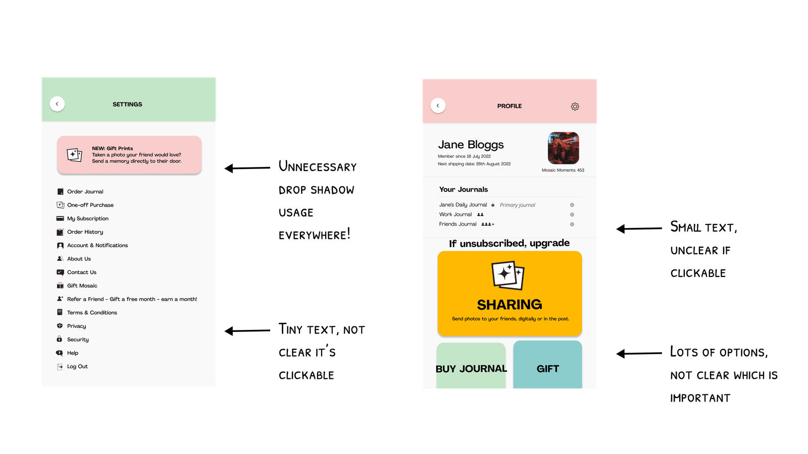 Comparison of two mobile app screens: the left screen displays app settings with options like order journal, my subscription, contact us, and logout; the right screen shows a user profile page with a photo, name Jane Bloggs, and sections for journals, upgrade prompt, and purchase options.