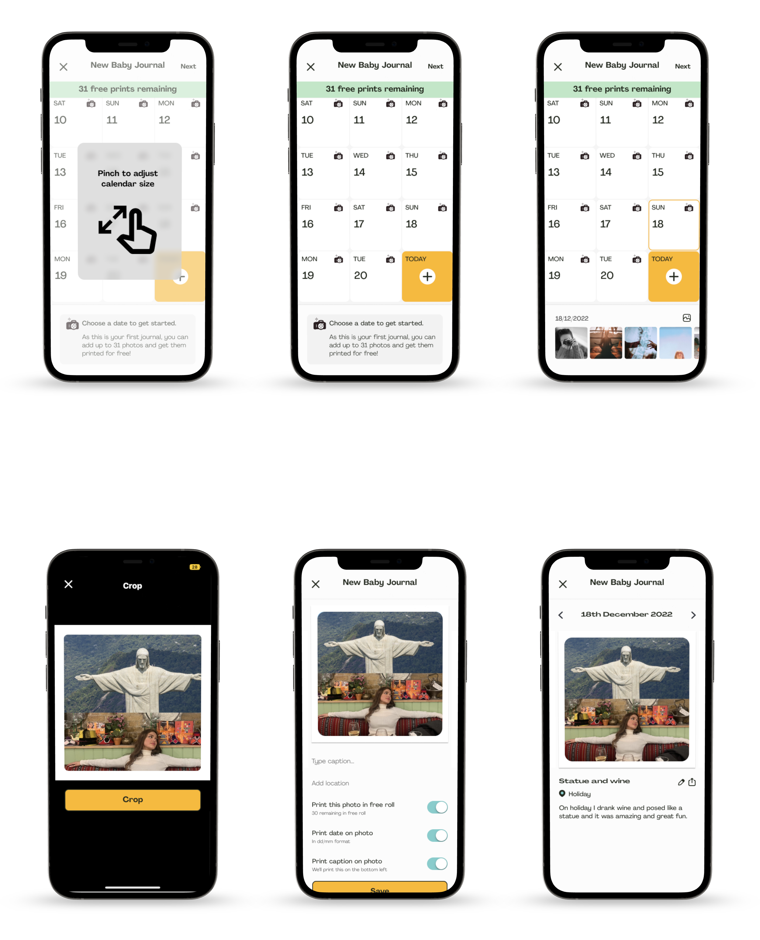 Screenshots of a mobile app interface for creating and customizing a digital baby journal, including calendar, photo cropping, adding captions, and saving entries.