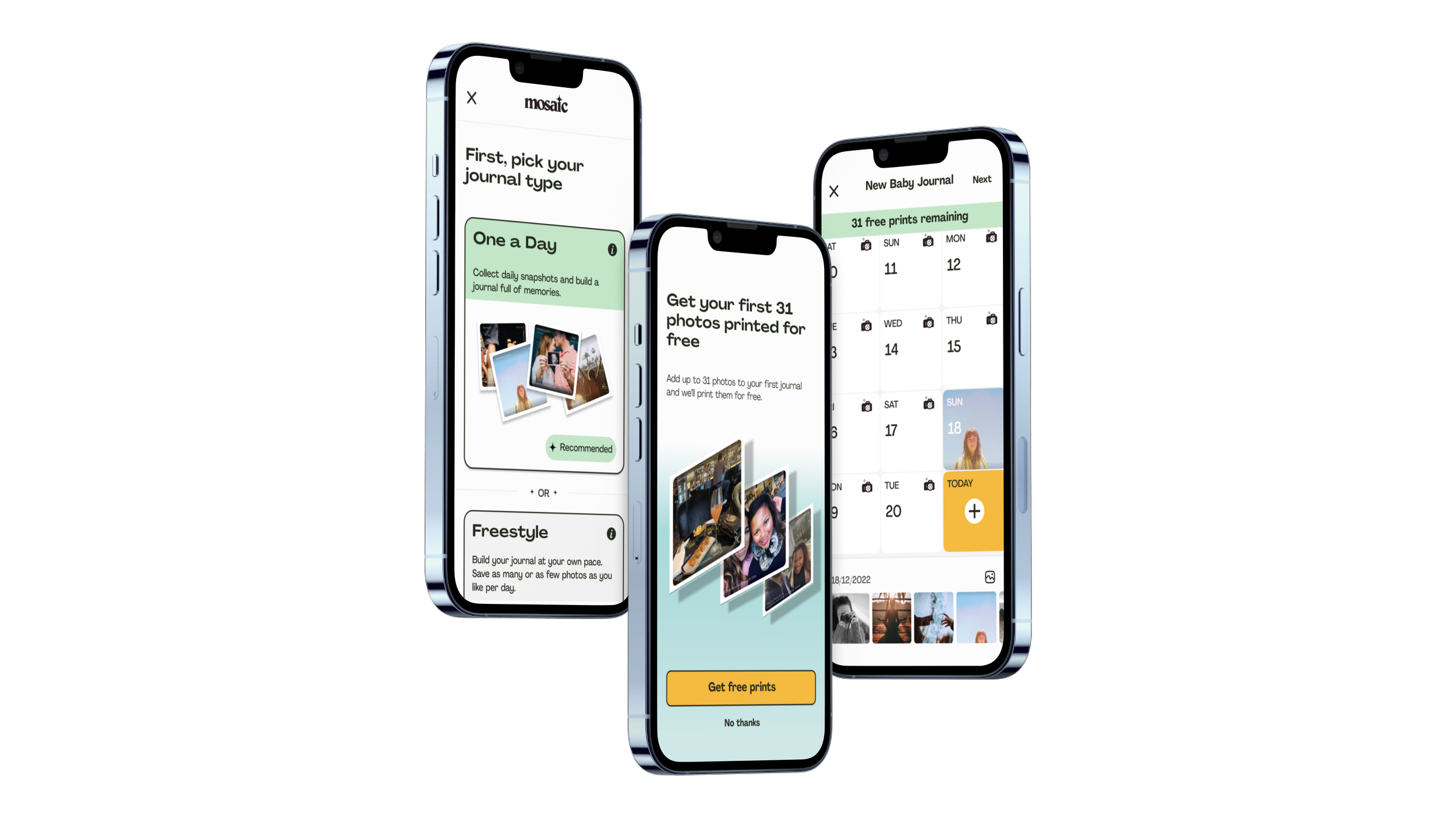 Three smartphones displaying a photo printing app interface with calendar, photo options, and promotional messages.