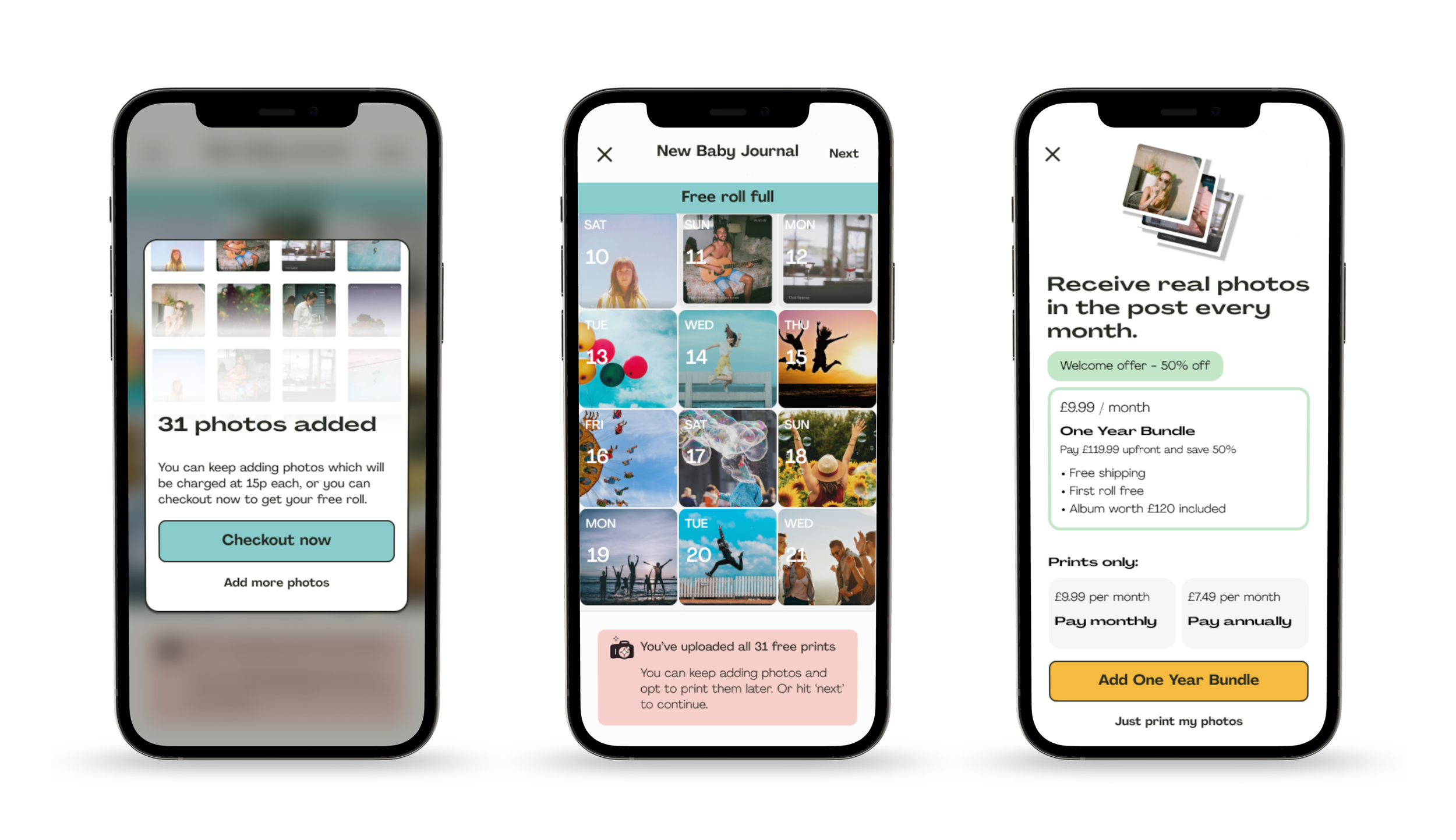 Screenshots of a photo printing app showing the process of uploading and selecting photos for printing, with pricing plans and offers.