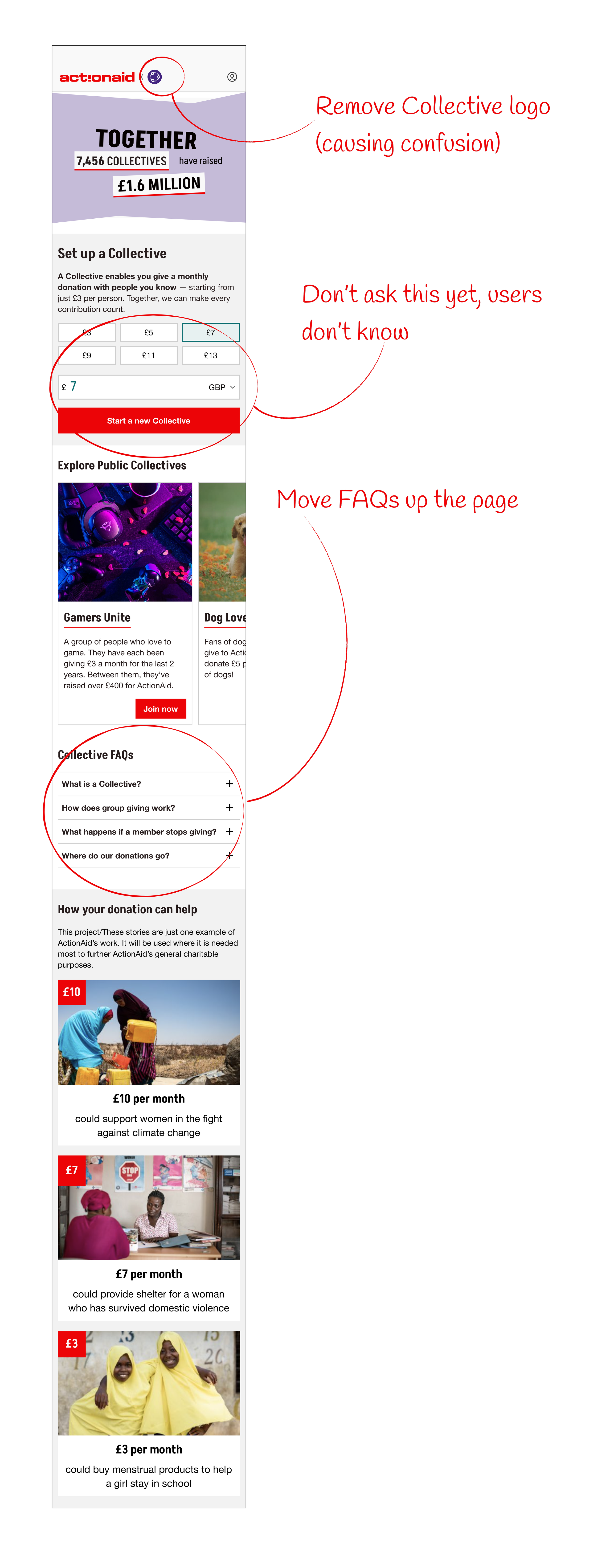 Screenshot of a webpage for ActionAid's collective fundraising campaign, showing instructions to remove the collective logo, not asking users about it yet, moving the FAQ section up, and displaying various donation options and stories.
