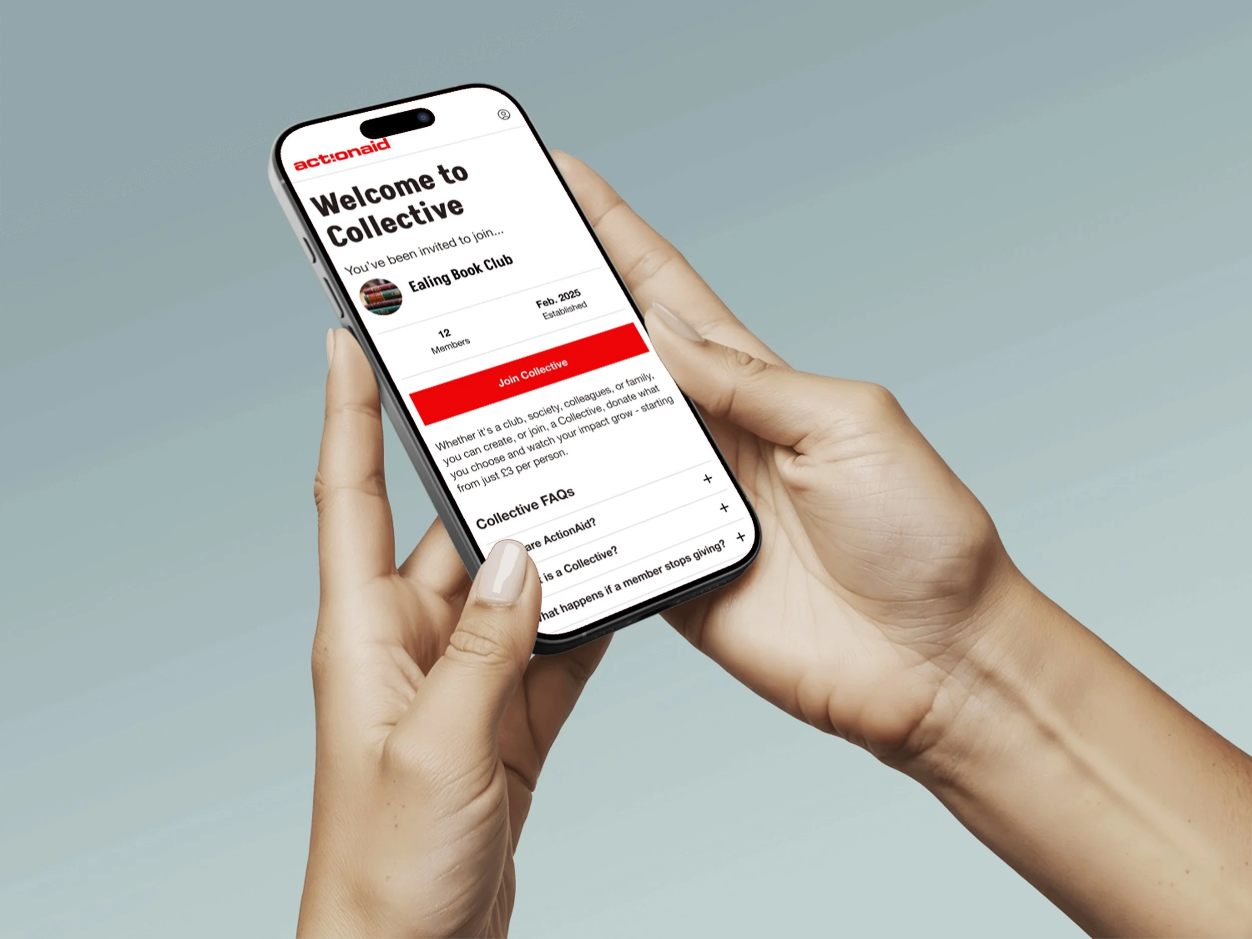 Person holding a smartphone displaying a webpage titled 'Welcome to Collective' for a book club, with a red 'Join Collective' button and FAQ section.