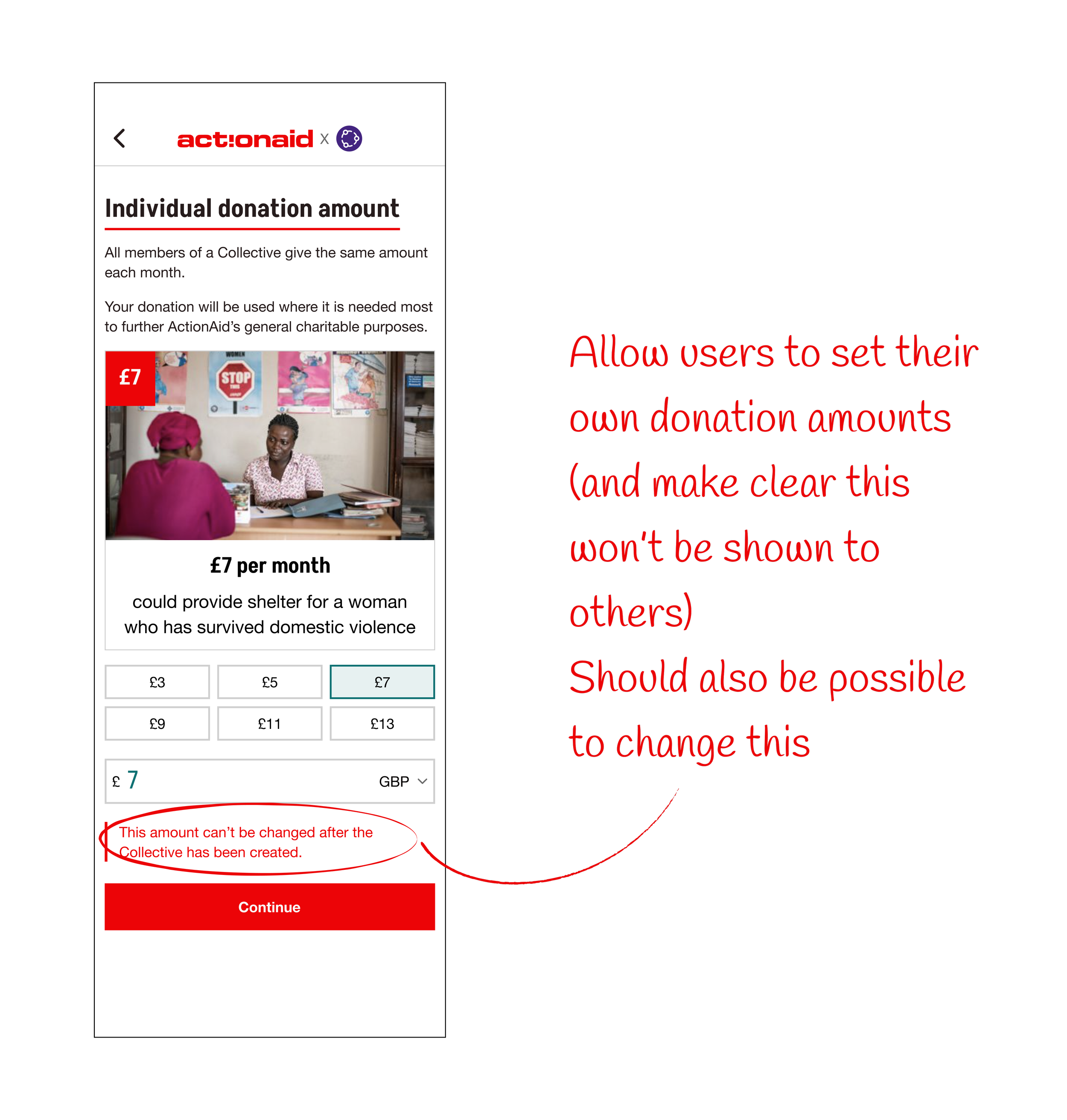 Mobile donation form for ActionAid, allowing users to select monthly donation amount with preset options (£3, £5, £7, £9, £11, £13) and a dropdown to change currency, with a note indicating the amount cannot be changed after creating the collective. There is a large red continue button at the bottom.