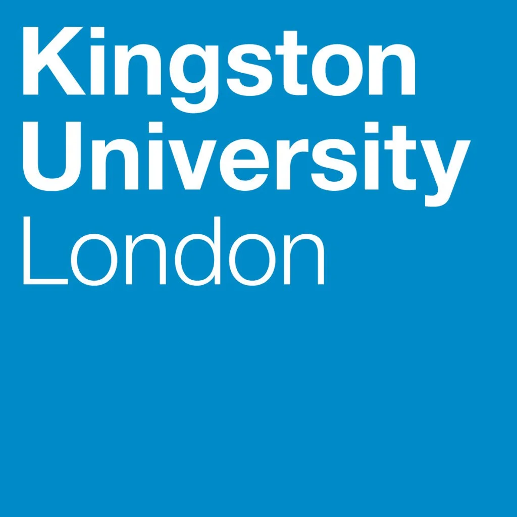 Blue background with white text that says "Kingston University London."