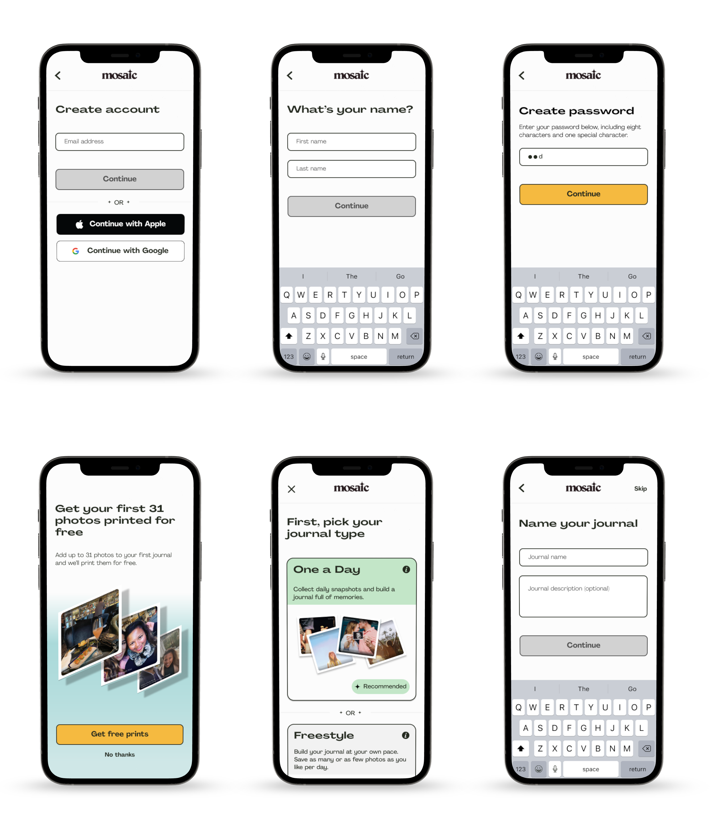 Six mobile app screens showing the setup and registration process for Mosaic, a journaling and photo printing app. The screens include options for account creation via email, Apple, or Google, entering user details, selecting a journal type, and instructions for printing photos.