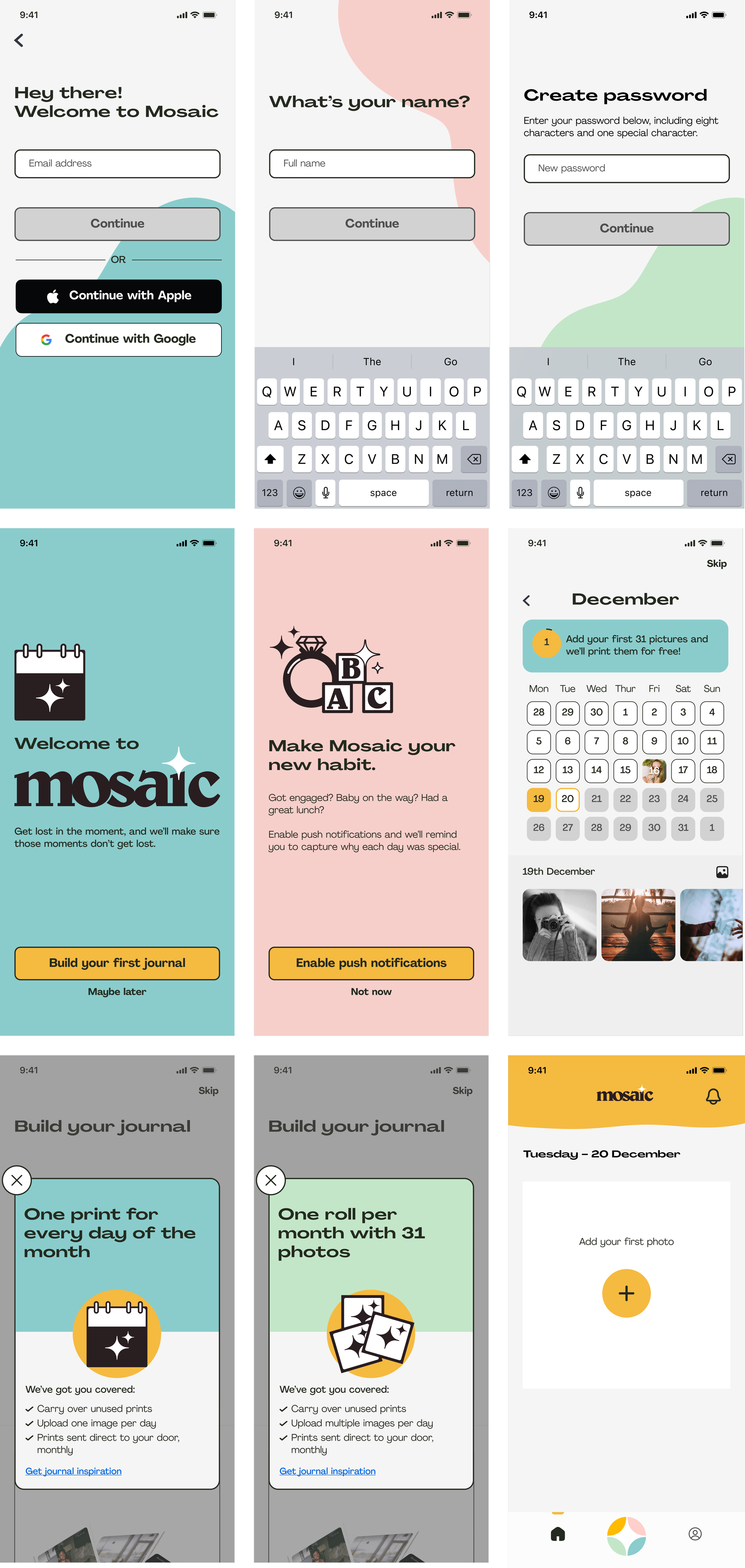 Screenshots of a mobile app called Mosaic, showing onboarding screens, user registration, setting up a habit, calendar view, journal building options with print and roll plans, and photo upload features.