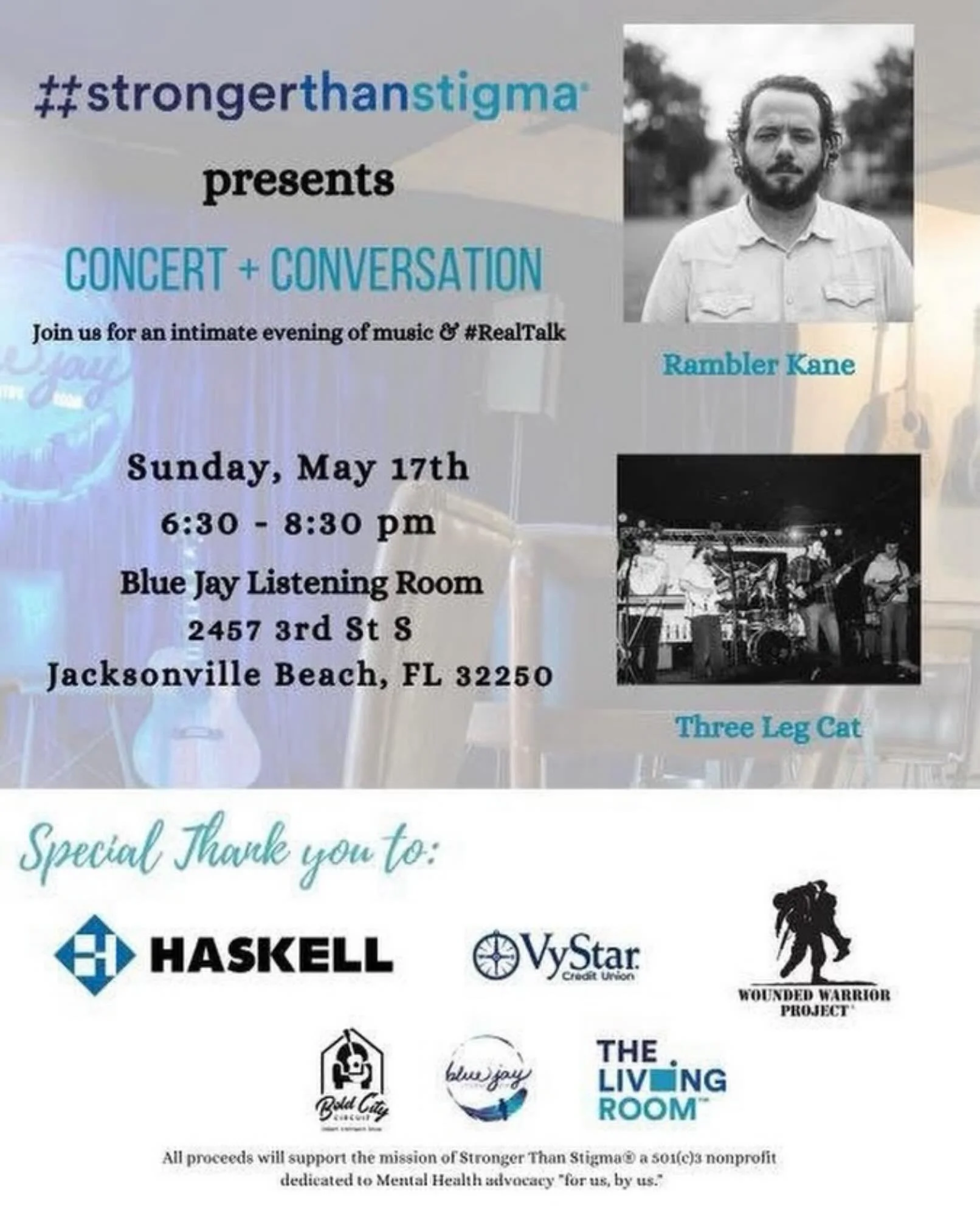 Concert + Conversation @bluejayjax 
Hosted by @strongerthanstigma 
With @ramblerkane 

Doors 6pm
Show 630pm

Link for tickets located in band bio