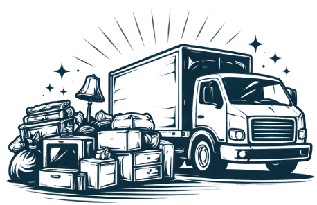 Illustration of a large moving truck surrounded by various packed boxes, a lamp, and a small table, with stars and rays in the background.