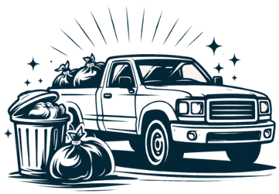 A pickup truck with a tree and stars in the background, surrounded by trash and garbage bags.