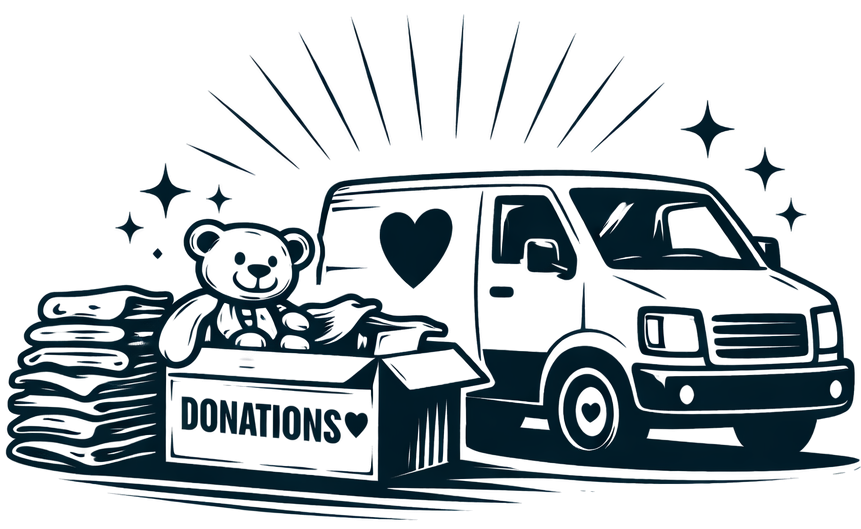 Illustration of a donation van with a heart symbol on it, surrounded by a teddy bear, a stack of papers, and sparkling stars, representing a charity or donation event.