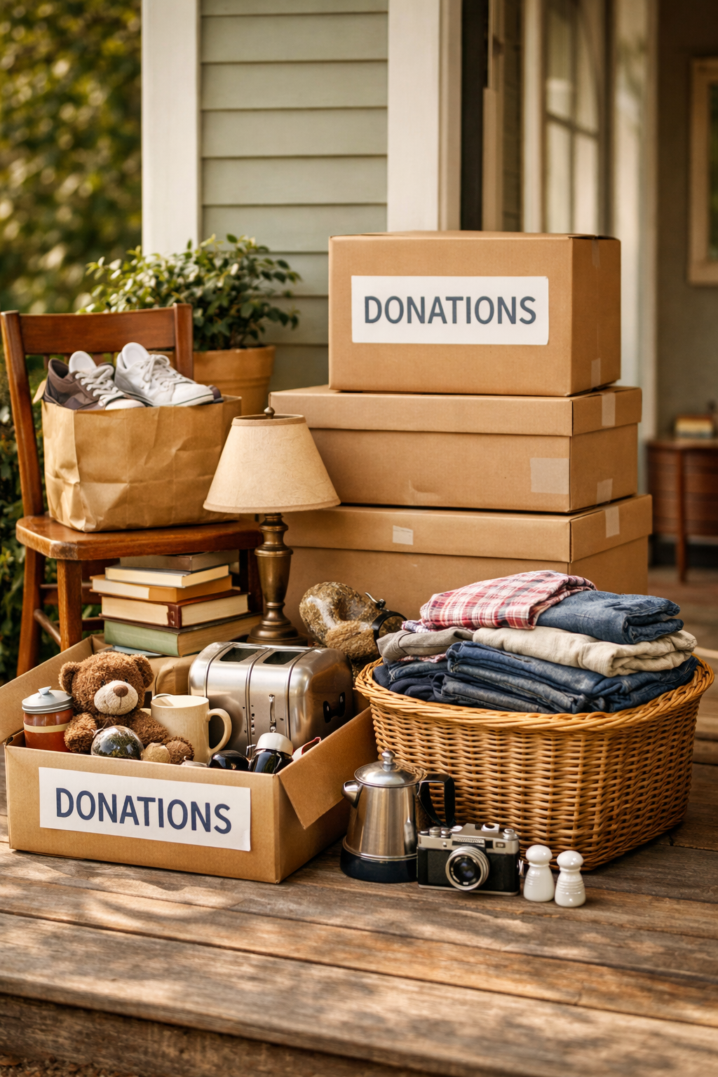 Items for donation on porch: cardboard boxes labeled 'Donations', clothes in a basket, shoes on a chair, a teddy bear, books, a toaster, a kettle, camera, salt and pepper shakers, a lamp, and miscellaneous household items.