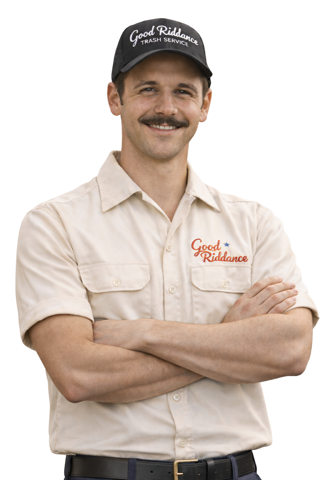 A man with a mustache, wearing a beige shirt with rolled-up sleeves, crossed arms, and a black cap that reads 'Good Riddance Trash Service', smiling at the camera.