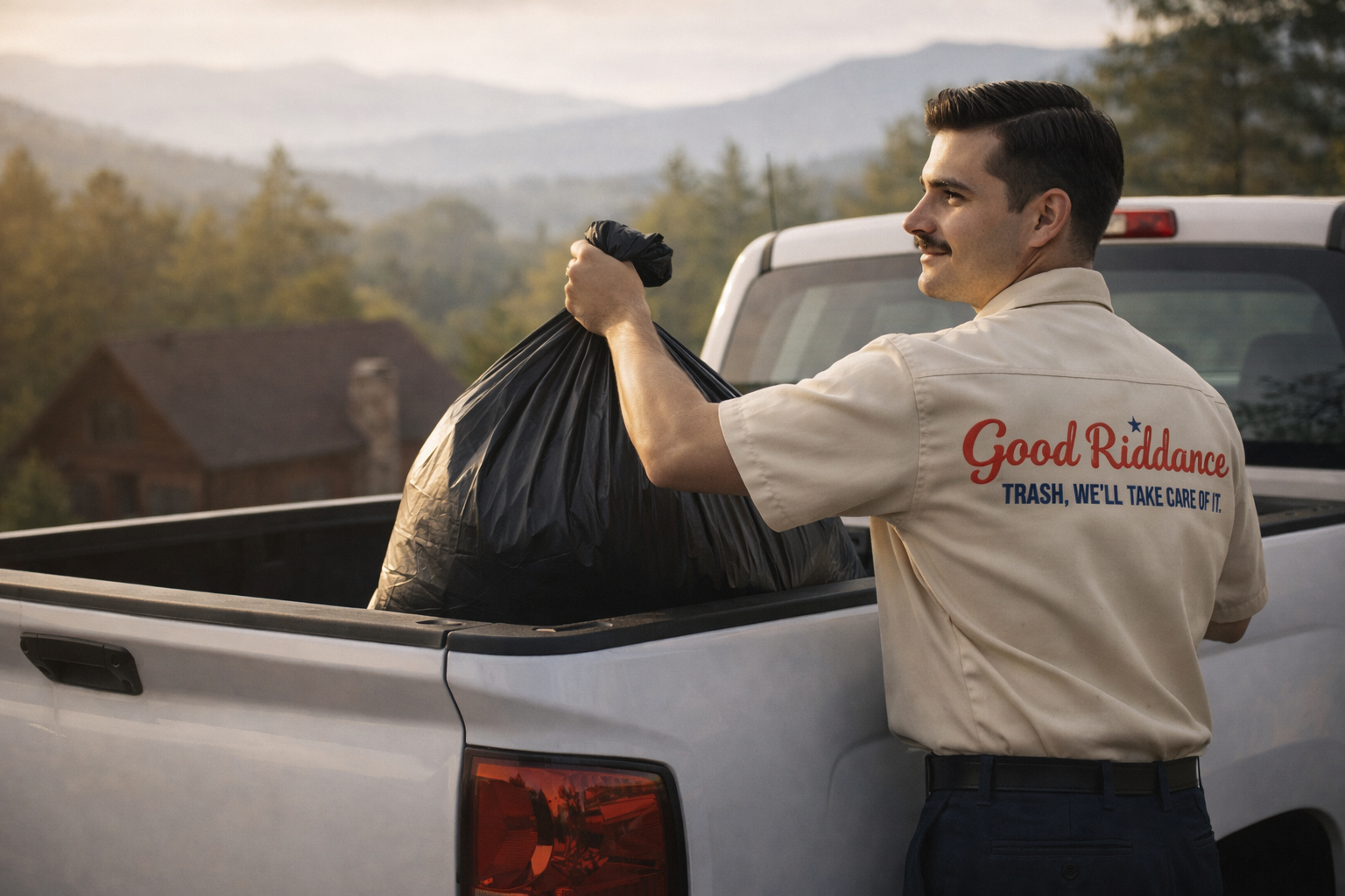 A man loading a black trash bag into the back of a white pickup truck, wearing a beige uniform with 'Good Riddance' and 'Trash, we'll take care of it.' written on the back, outdoors with trees and a house in the background.