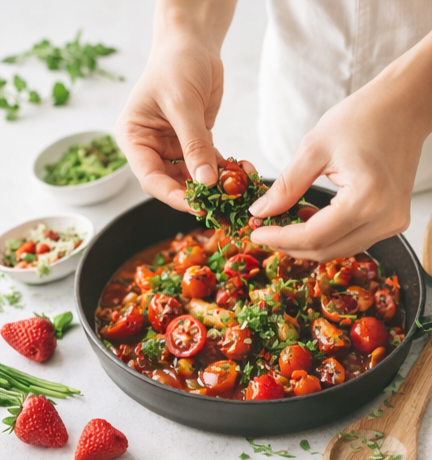 Person adding fresh herbs to a skillet of cherry tomato salad with strawberries and herbs on a white surface.