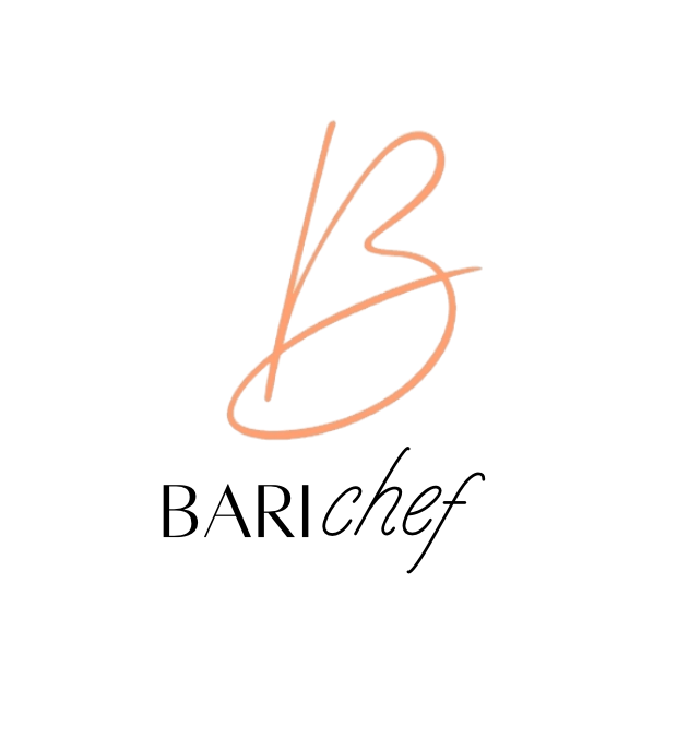 Logo with a stylized peach-colored signature letter B and the words "BARI chef" in black and gray text.
