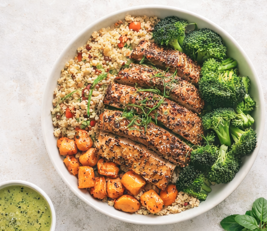 Bowl of grilled sliced steak, broccoli, roasted sweet potatoes, quinoa, and garnished with herbs, served with green sauce on the side.