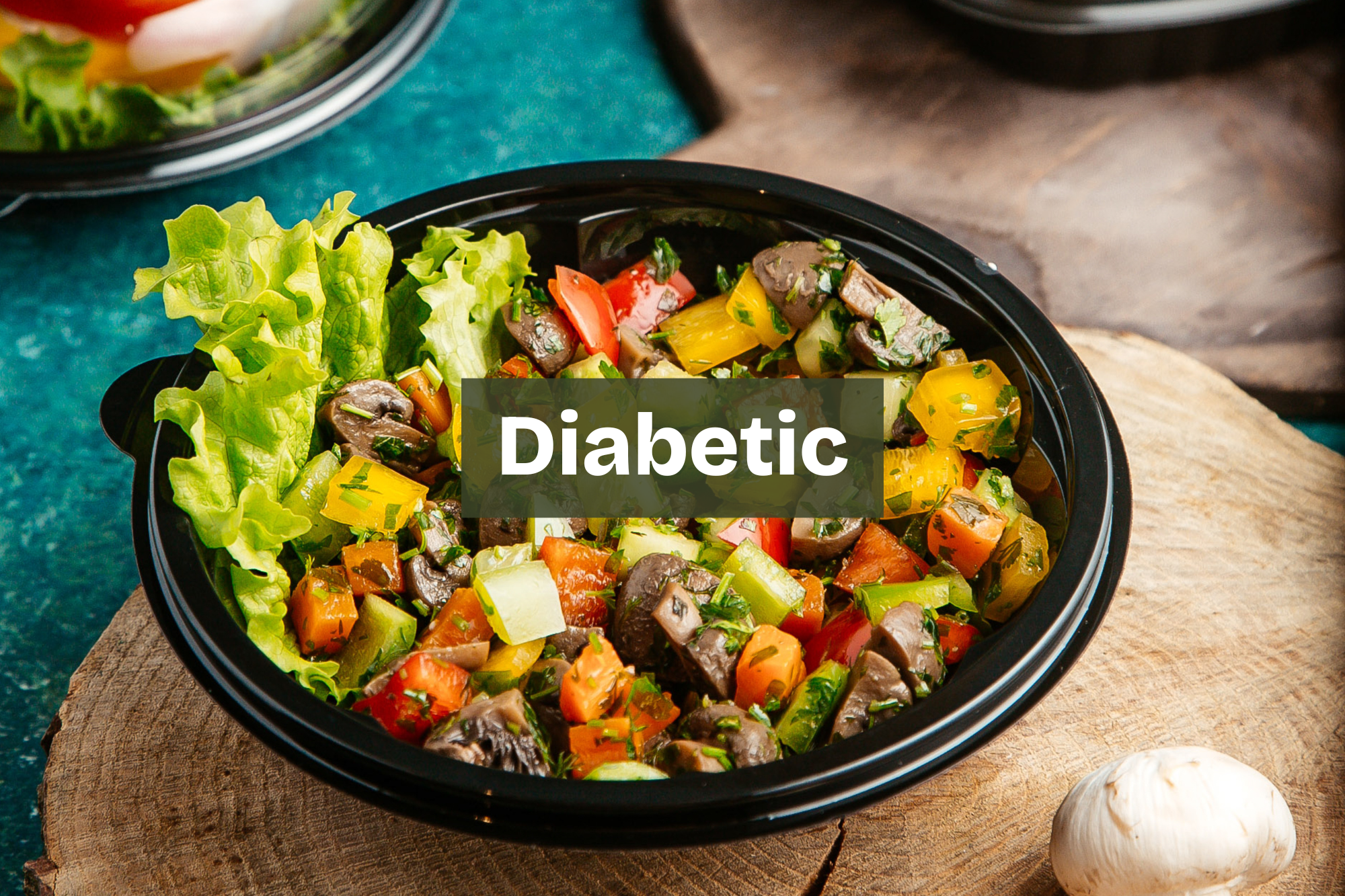 A bowl filled with vegetable salad, including lettuce, bell peppers, tomatoes, cucumbers, and mushrooms. blood sugar balanced meal with lean protein and greens Nourix. diabetic meal with controlled carbs and high protein
