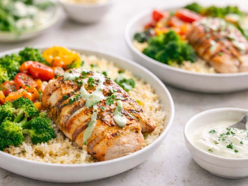 Dish with grilled chicken breast slices topped with sauce, served over rice with broccoli and cherry tomatoes, on a white plate, with side salad and creamy dressing.