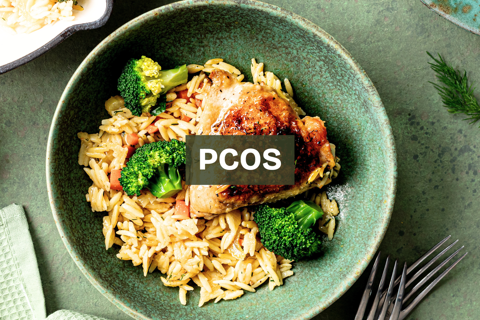 A bowl of cooked orzo pasta with broccoli florets and a piece of roasted chicken with sauce. High protein PCOS meal with healthy fats and whole foods Nourix