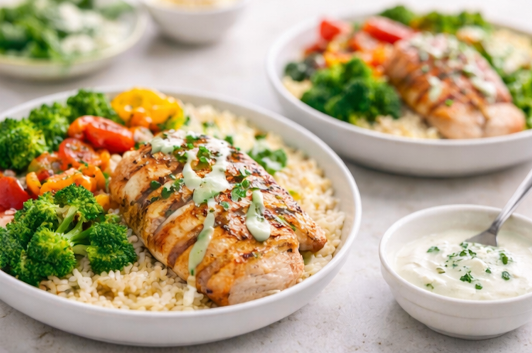 Two bowls of cooked chicken breast with rice and vegetables, including broccoli and cherry tomatoes, with a small bowl of white sauce on the side. High protein GLP-1 friendly meal Nourix
