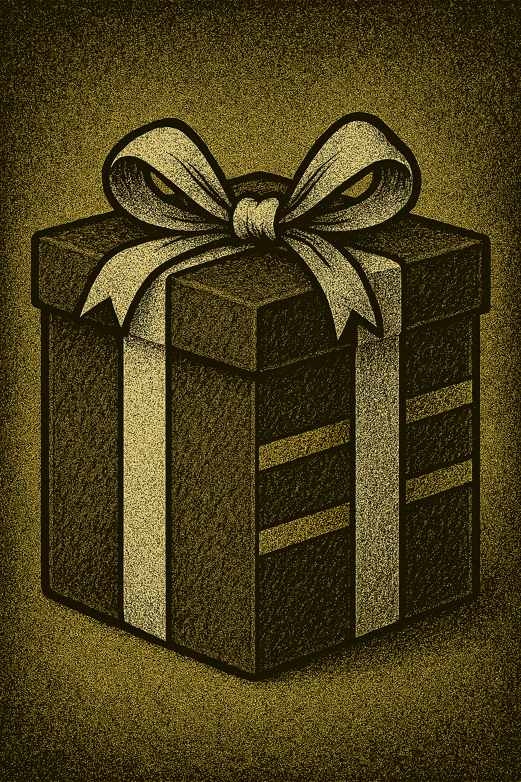 A decorated gift box with a large bow on top, featuring black and gold colors.