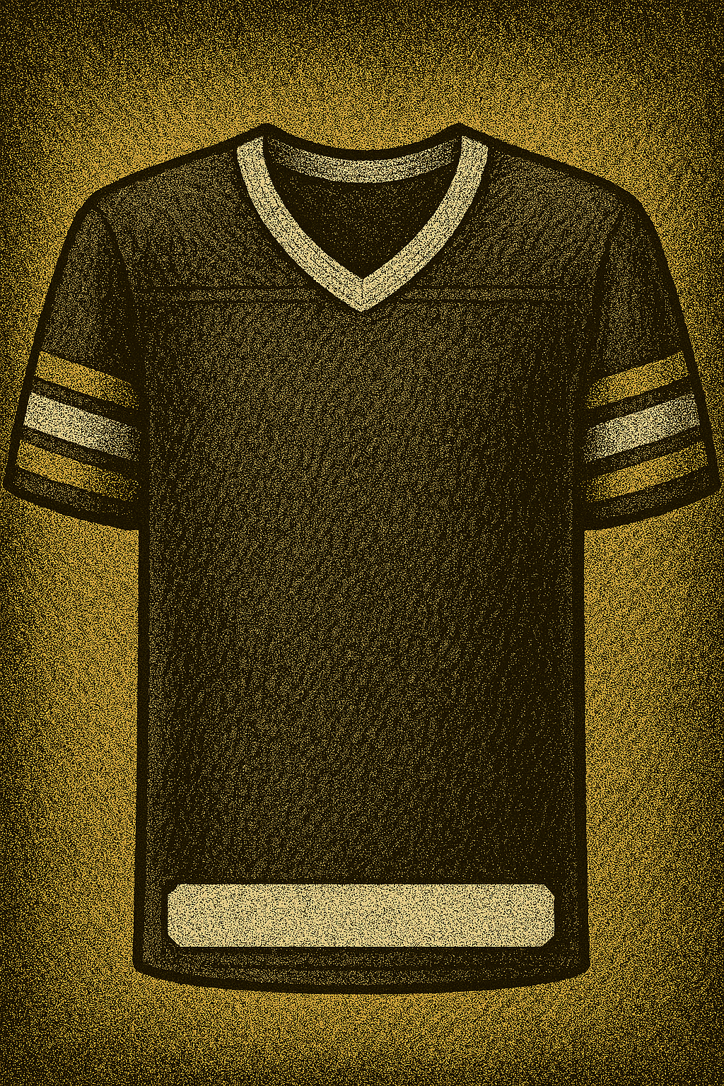 Illustration of a black sports jersey with white trim around the V-neck collar and three white stripes on each sleeve, set against a yellow gradient background.