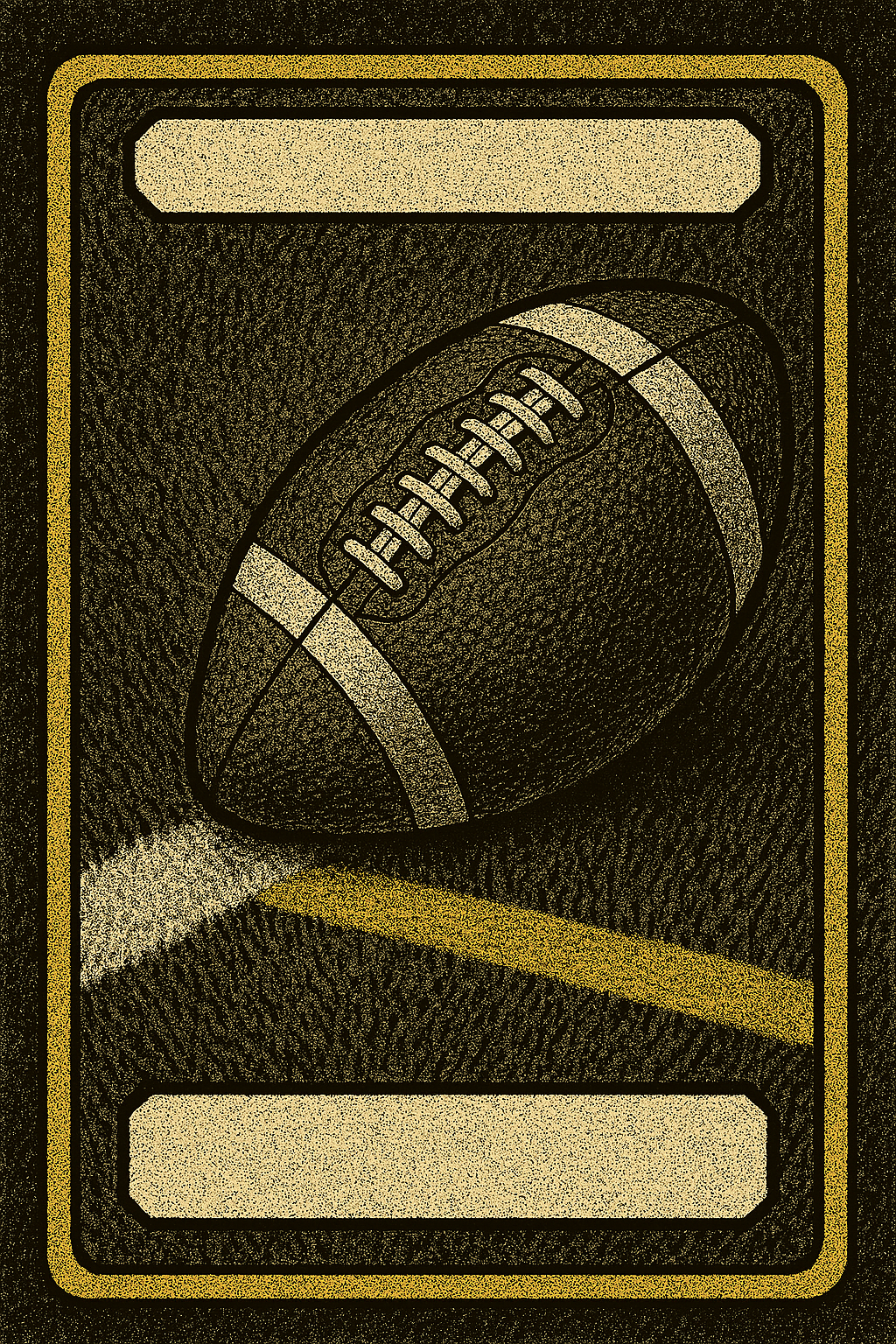 A stylized illustration of a football on a black background, framed with yellow borders, with two blank rectangular spaces at the top and bottom.