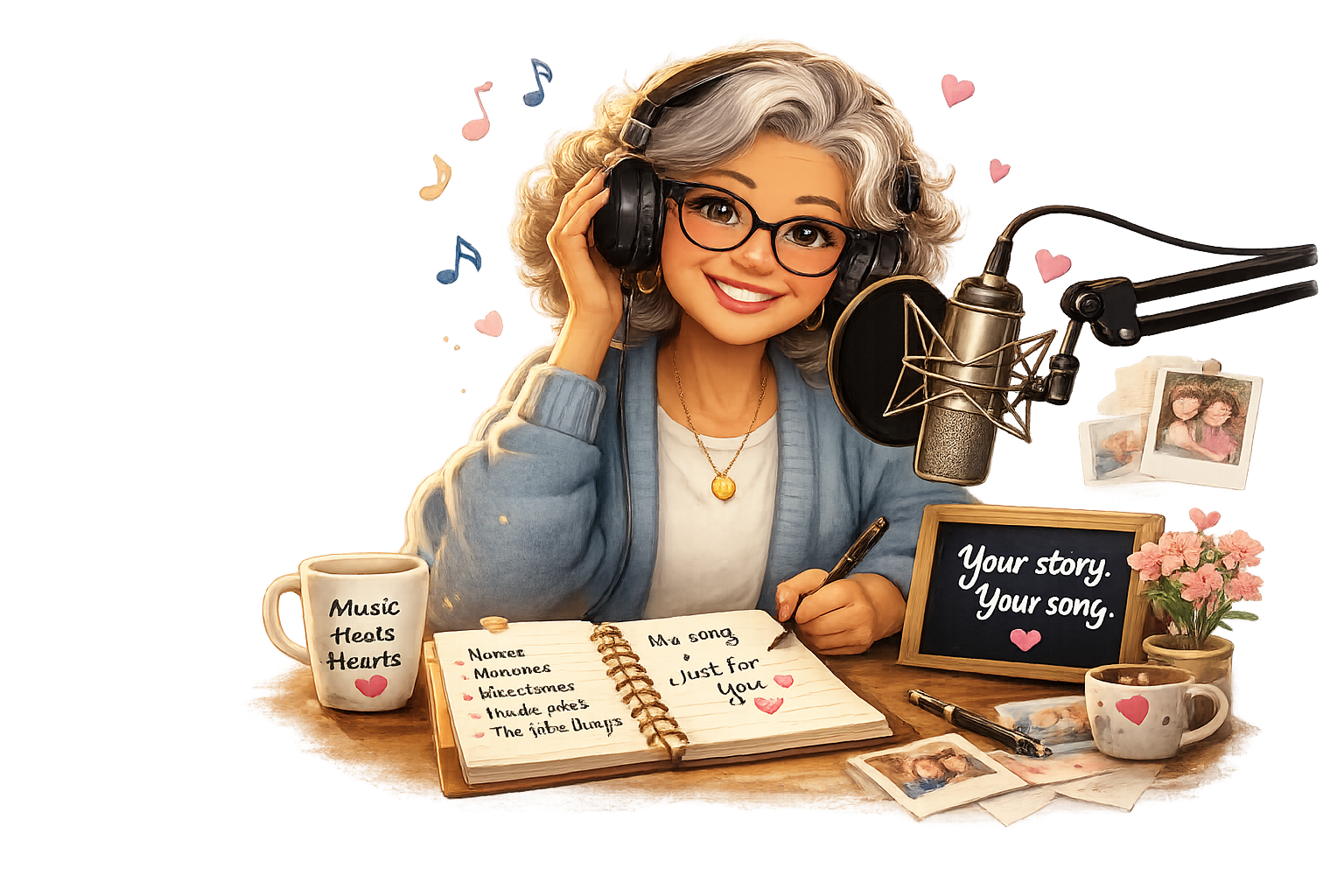 Grandma’s Song Shop creating a personalized song with headphones, microphone and family memories.