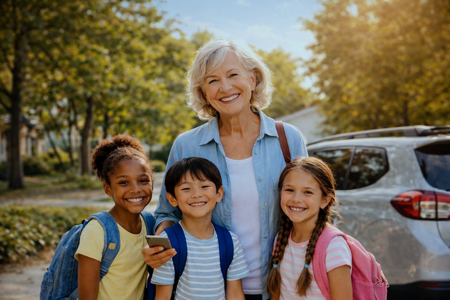 Trusted caregiver with three diverse children after school near a car, representing safe school pickup and transportation support in Frederick, Maryland.