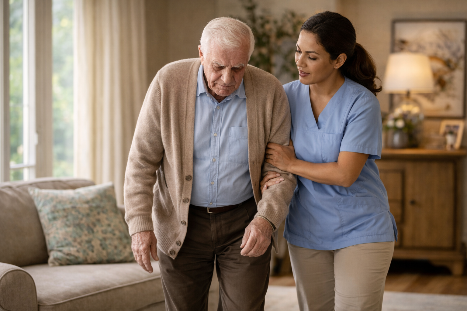 Caregiver assisting elderly man with walking at home, providing non-medical senior care in Frederick, MD