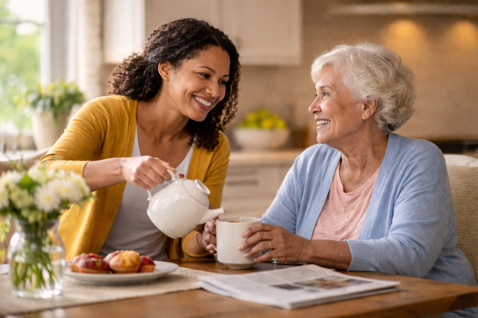 Caregiver providing non-medical senior companion care to elderly woman at home in Frederick, MD