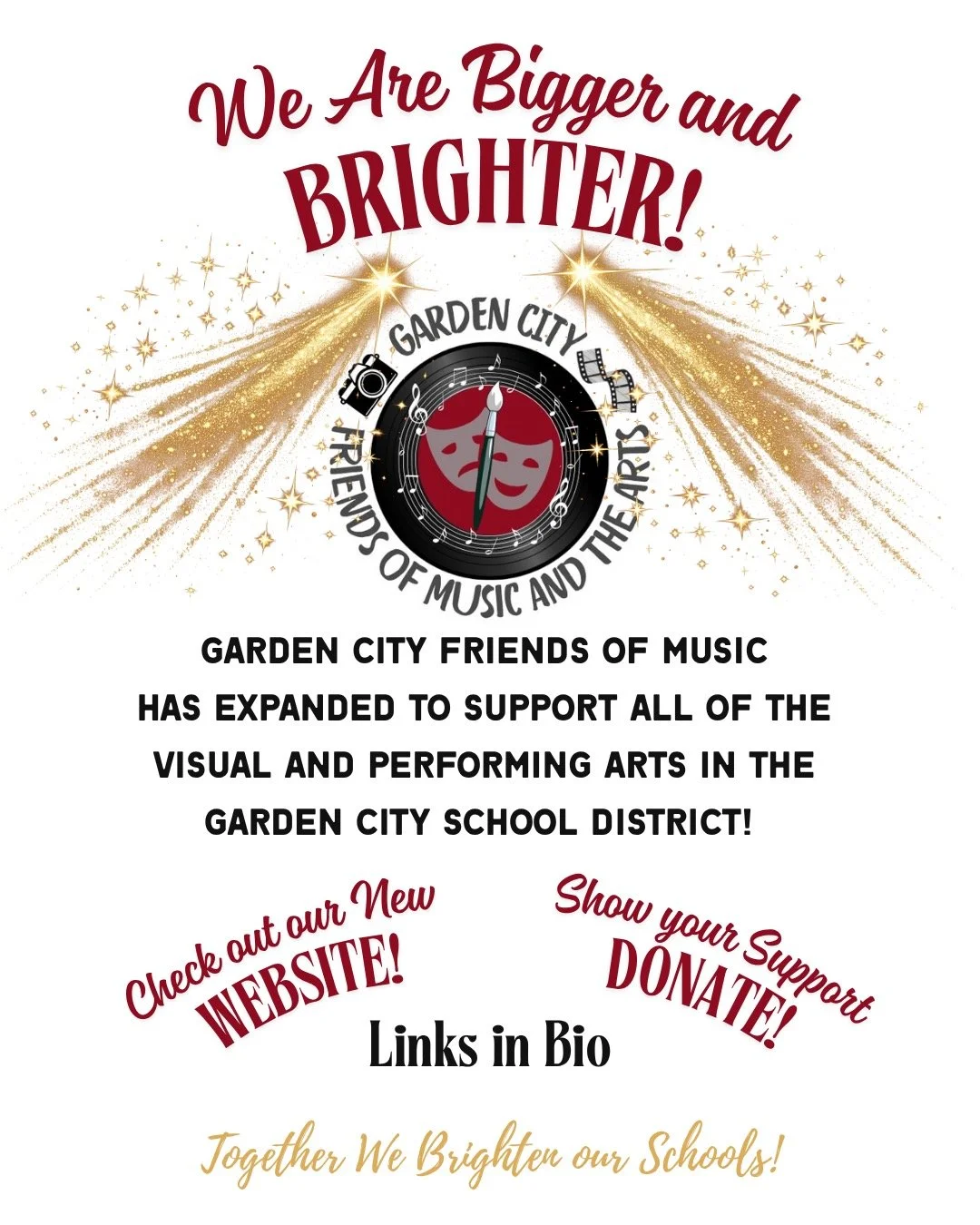 We are excited to announce that GCFOM has expanded to become GCFOMA! Links in our Bio to become a supporter and to check out our new website. 100% of your contribution goes to support the garden city students and visual and performing arts programs i
