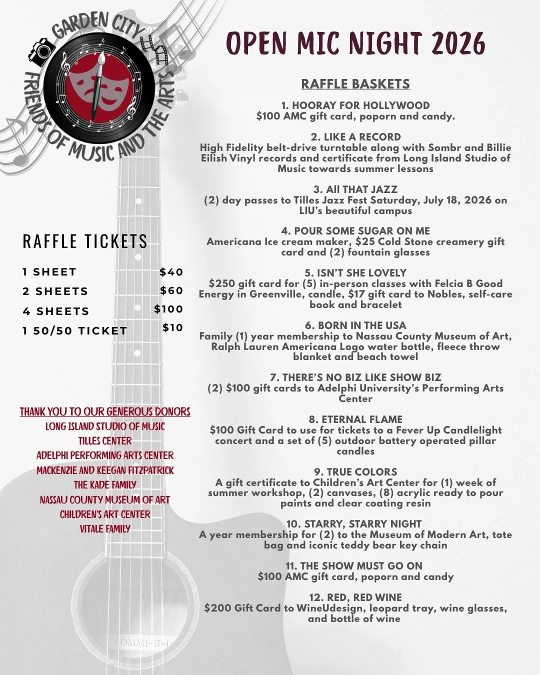 Join us tonight at Leo's Tavern in GC for open mic night at 6:30PM!! Enjoy some good food while watching our talented GC students perform and enter for a chance to win one of our amazing raffle baskets and 50/50 raffle!
