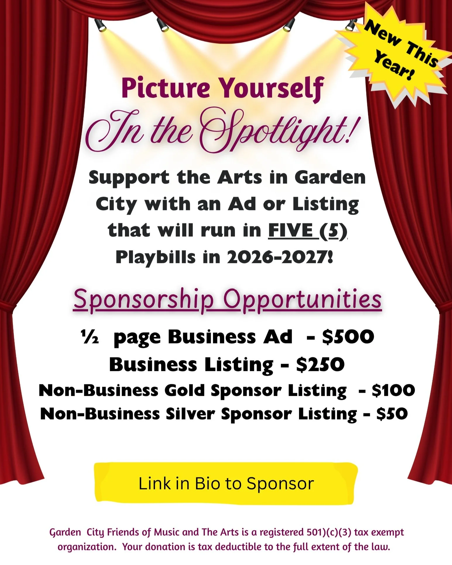 Every ad and listing in the playbills supports the theater programs across the Garden City School District and recognizes your commitment to our student performers, stage crew and directors!! Link to sign up and sponsor is in our bio, DUE This Friday