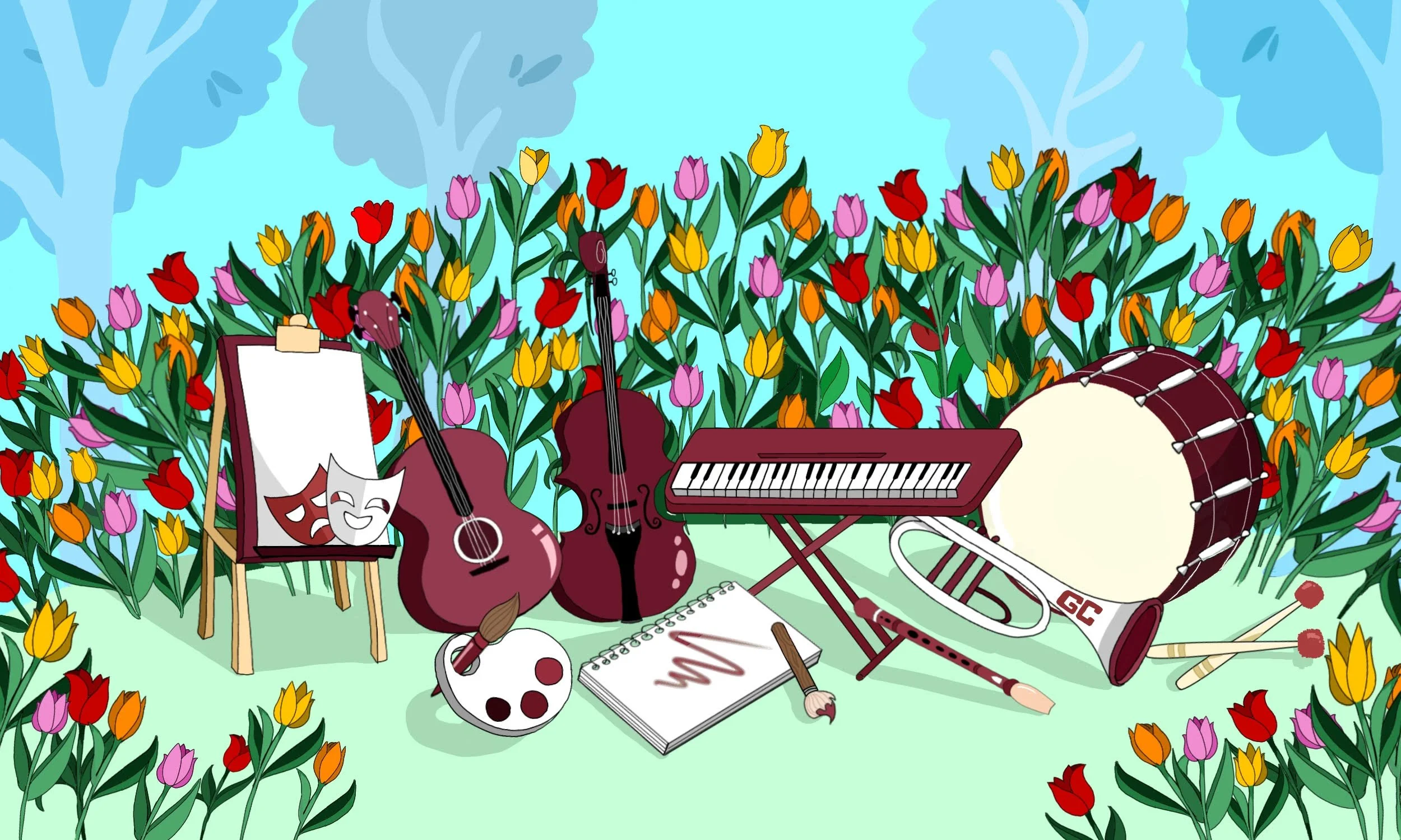 Illustration of musical instruments and theater masks placed among colorful tulip flowers in a garden, drawn by Olivia Ding (GC Middle School student)