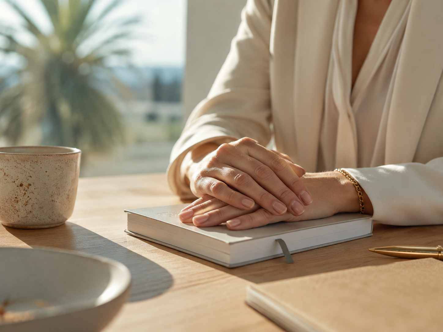 Hands resting on a journal in soft natural light — somatic healing for executives in California
