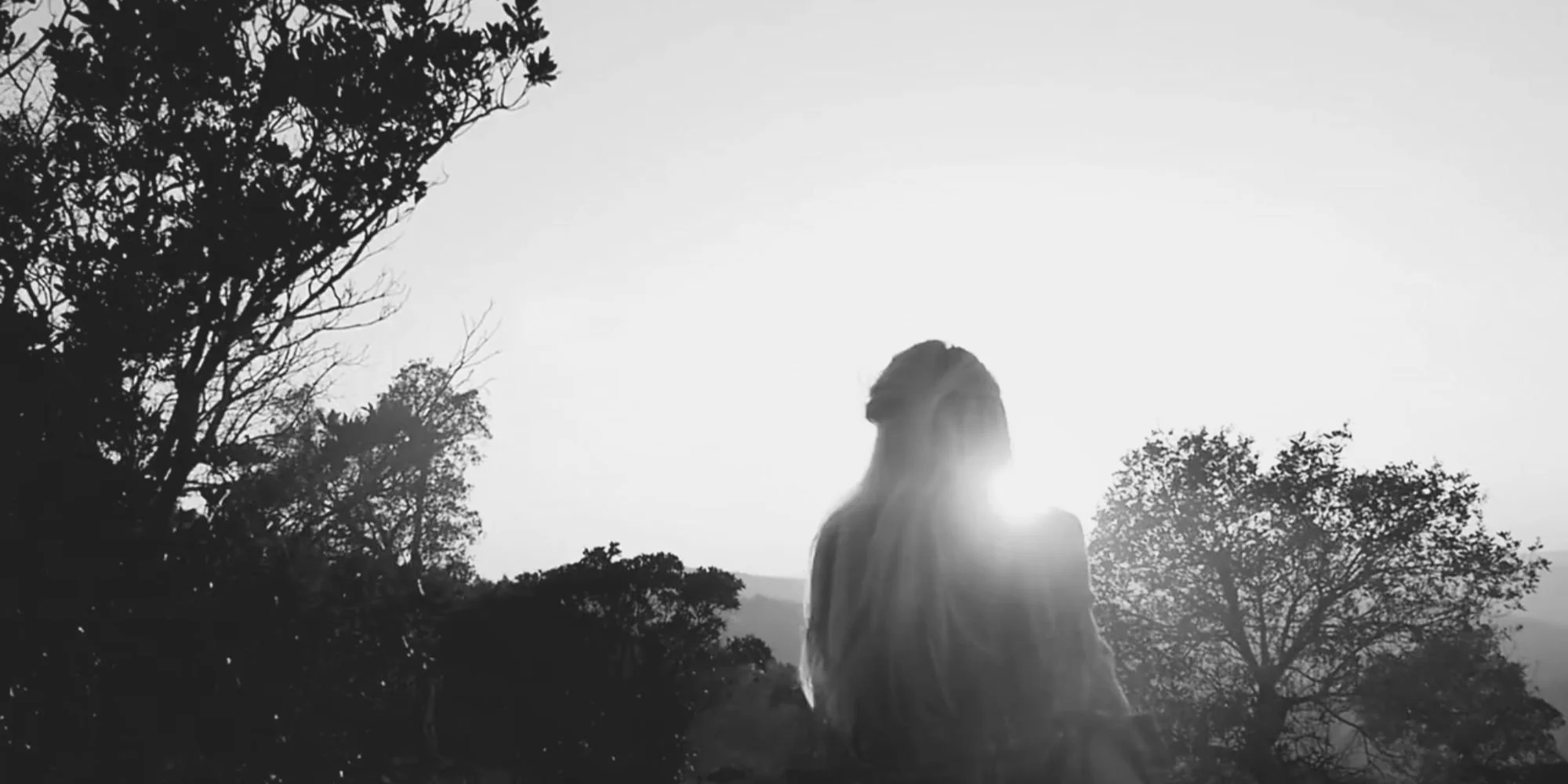 Silhouette of a woman with long hair standing outdoors among trees during sunset or sunrise, with the sun partially behind her.