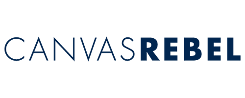 Logo with the text 'CANVAS REBEL' in blue and black