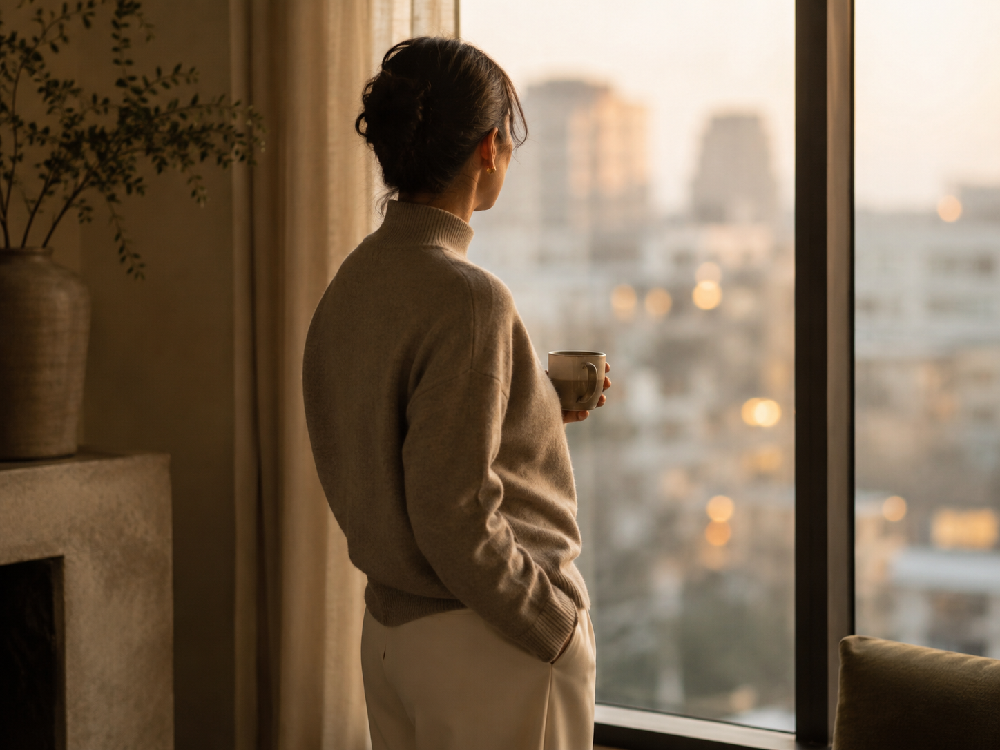 A woman with dark hair in a loose bun, wearing a beige turtleneck sweater, stands in a room holding a mug, looking out a large window at a cityscape during sunset.