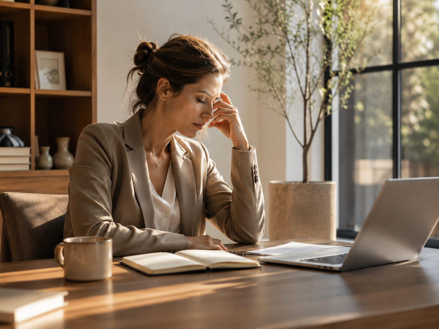 Exhausted high-achieving professional sitting alone in a sunlit window — workplace trauma therapy Pasadena